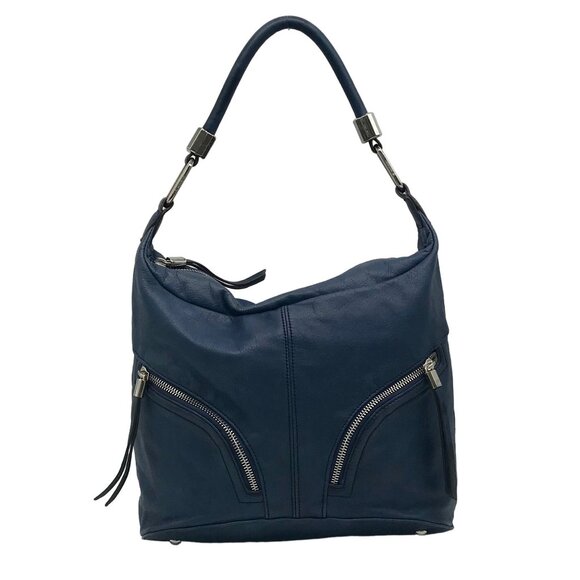 B. Makowsky Blue Leather Double Zipper Shoulder Bag - Picture 1 of 12